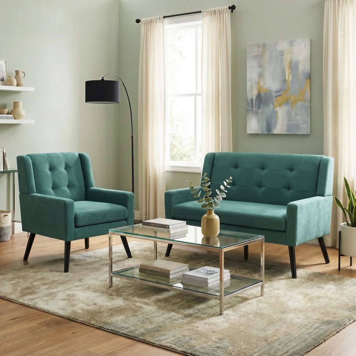 COVREO Accent-sessel-set 2-delig – retro green, stof, houten poten, armleuningen