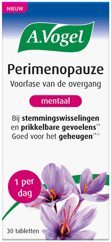 Doos A. Vogel Perimenopauze mentaal, voorfase van de overgang. Met afbeelding van paarse bloemen. 30 tabletten, 1 per dag.
