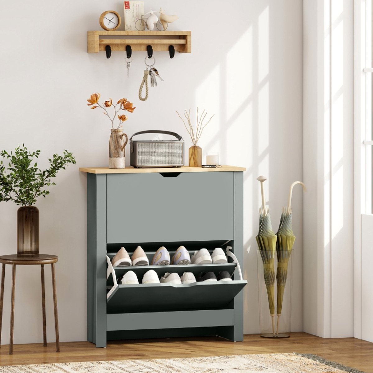 STILVORA Schoenenkast - Met 2 Kleppen En Opbergruimte Voor 12 Paar Schoenen - Voor Hal En Entree - Spaanplaat - 72x26x80 Cm - Lichtgrijs