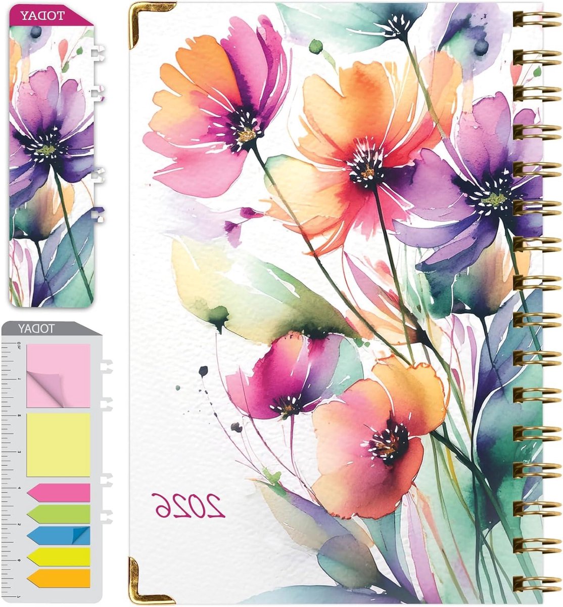 HARDCOVER Planner - Agenda Jaarplanner - Productiviteit Verhogend - 14 Maanden Gebruik - 5.5"x8" - Regenboog Bloemen
