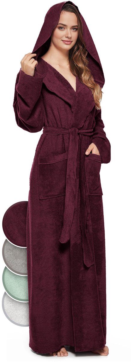 SnelShoppen - Badjas Dames 100% Katoen Badstof (340 g/m²) met Capuchon - Extra Lang M - Wijnrood voor Thuis, Wellness en Cozy Avonden
