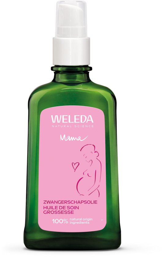 Groene fles Weleda Mama Zwangerschapsolie met een roze label en een gestileerde lijntekening van een zwangere vrouw.