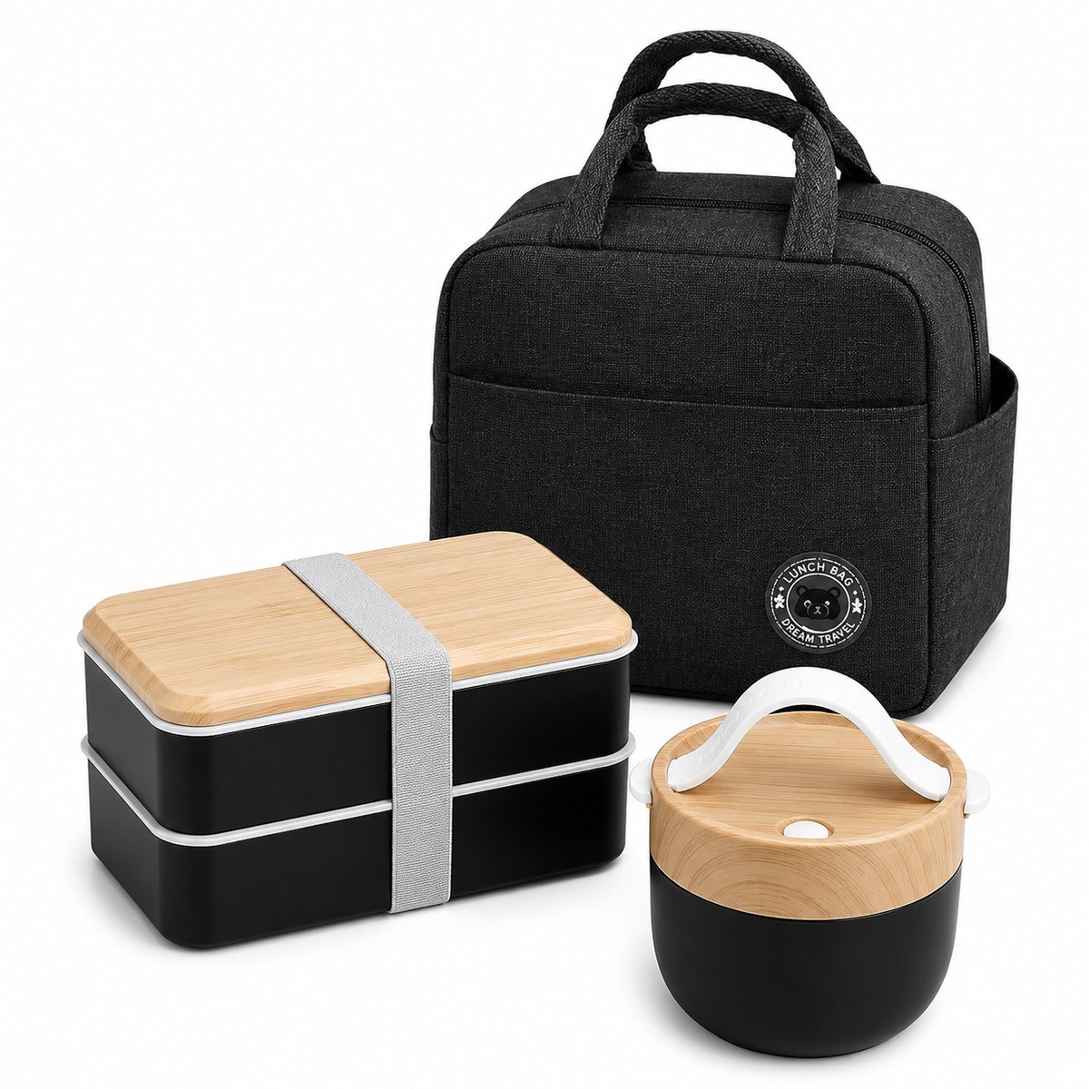 Gloovon® Lunchset - Lunchbox & Soepkom - Lekvrij - Magnetronbestendig - 2000ml (1400+600) - Met Isolatertas - Zwart & Hout-look
