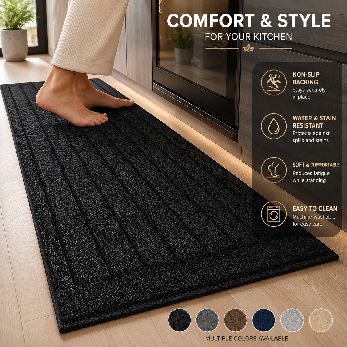 Keukenloper machinewasbaar antislip zacht absorbeerend - 44 x 150 cm zwart
