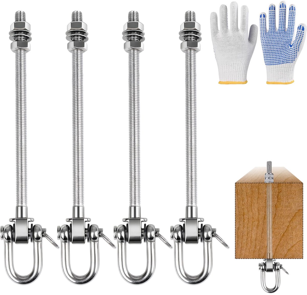 SnelShoppen - 4 Stuks Schommelhaken M10 x 22,9 cm - Robuuste Roestvrijstalen Schommelhanger met Kogellagers - Schommelhardware voor Holle en Metalen B