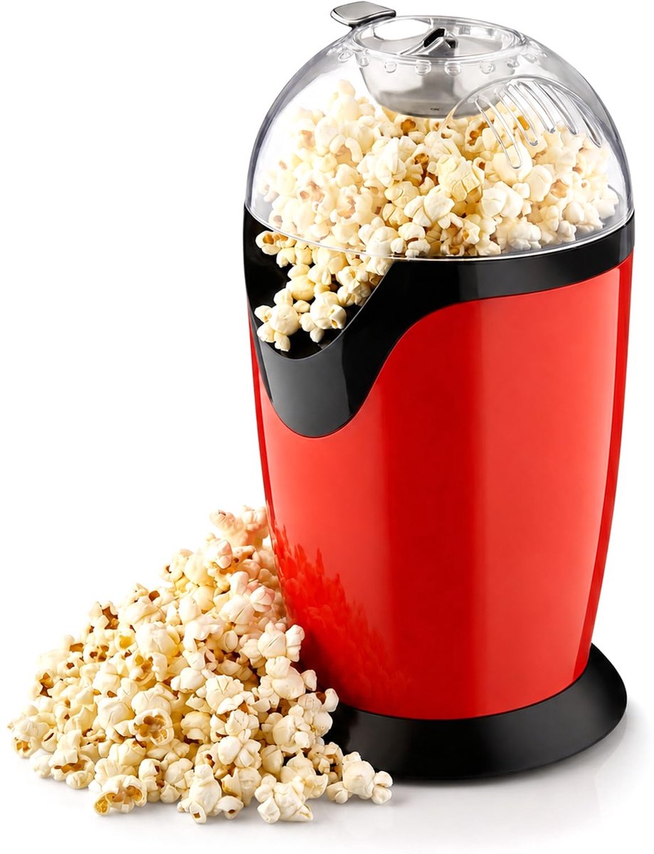 SnelShoppen - Popcornmachine 1200 W Hete Lucht Popcornmaker met Maatbeker en Transparant Deksel voor Thuisbioscoop, Filmavonden, Feestjes, Kerstmis, K