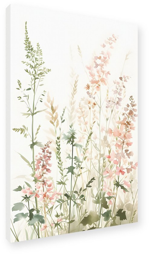 Gedetailleerd schilderij met aquarel wilde bloemen, zachtroze en groene tinten.