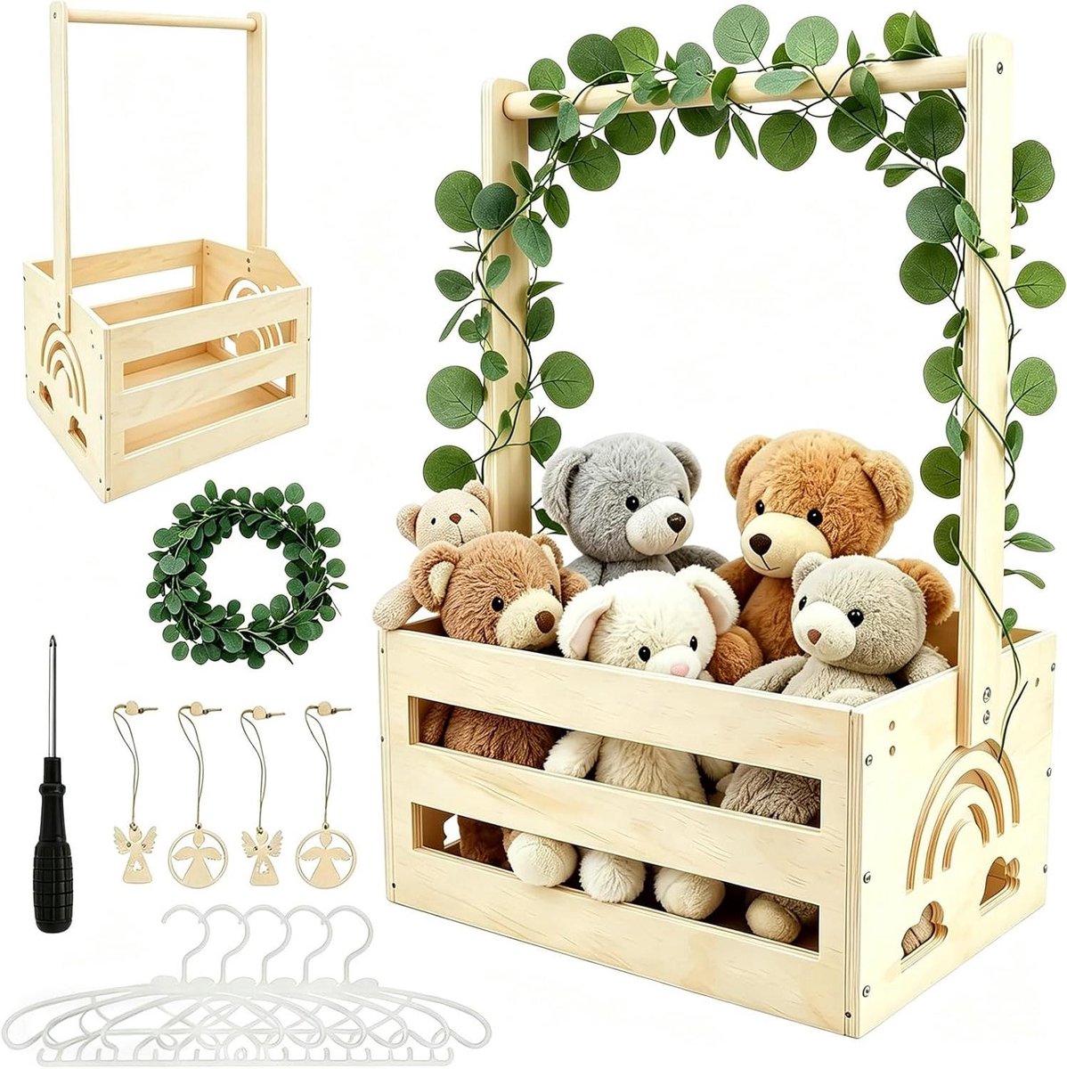 Houten babymand - Baby opbergmand Decoratiemand - Babykamer organiseren - Met handvat en hangers