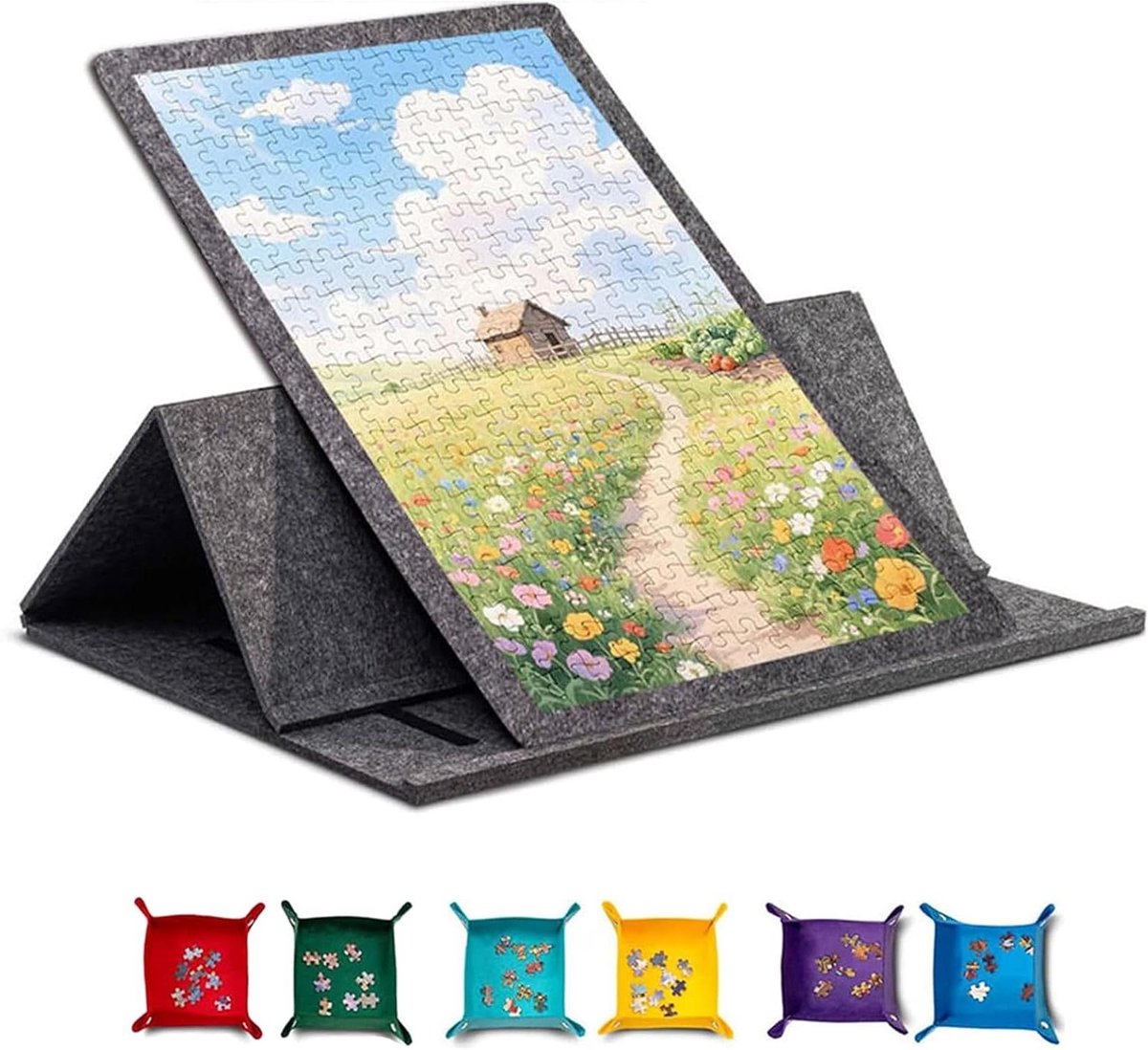 Legpuzzelbord - Puzzelmat Opbergen - Puzzels Maken - Met Sorteerbakjes - 76 x 51 CM - Donkergrijs