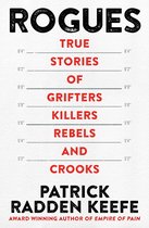Boekcover met de titel 'ROGUES' in grote zwarte letters, daaronder 'TRUE STORIES OF GRIFTERS KILLERS REBELS AND CROOKS' in rode letters, met een liniaal op de achtergrond.