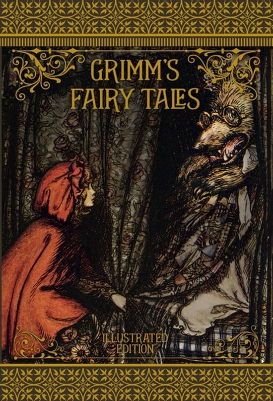 Couverture du livre 'Grimm's Fairy Tales' avec une illustration du Petit Chaperon Rouge tirant un rideau pour révéler un grand homme barbu portant des lunettes.