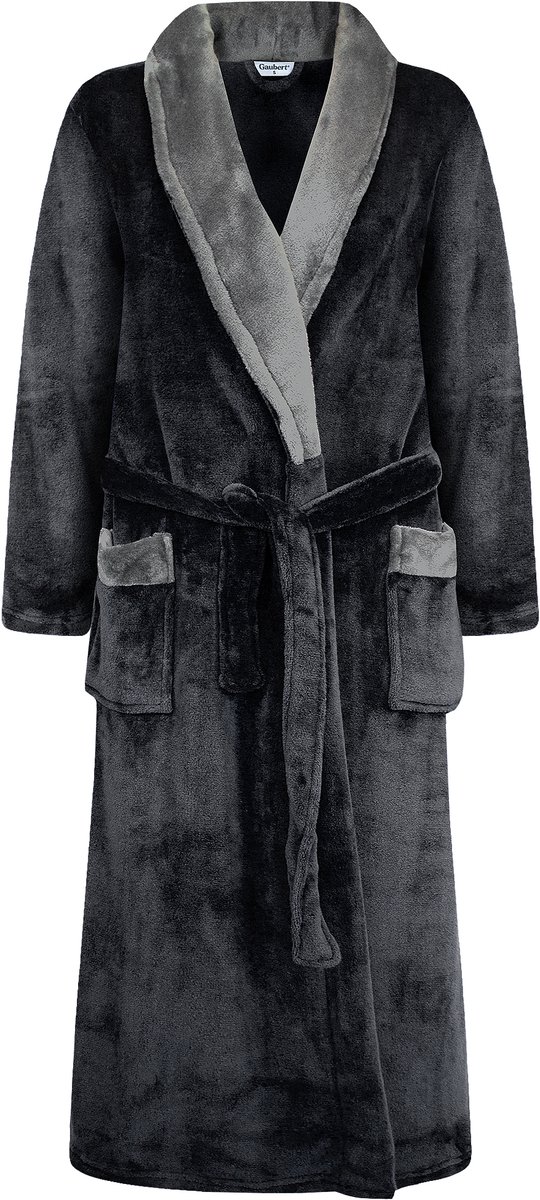 Heren Badjas Extra Lang met Sjaalkraag en Ceintuur - Ochtendjas - Superzacht Coral Fleece - Unisex Pasvorm Heren Dames - Zwart met Grijze Kraag - Maat XXL/3XL - 8218-Black