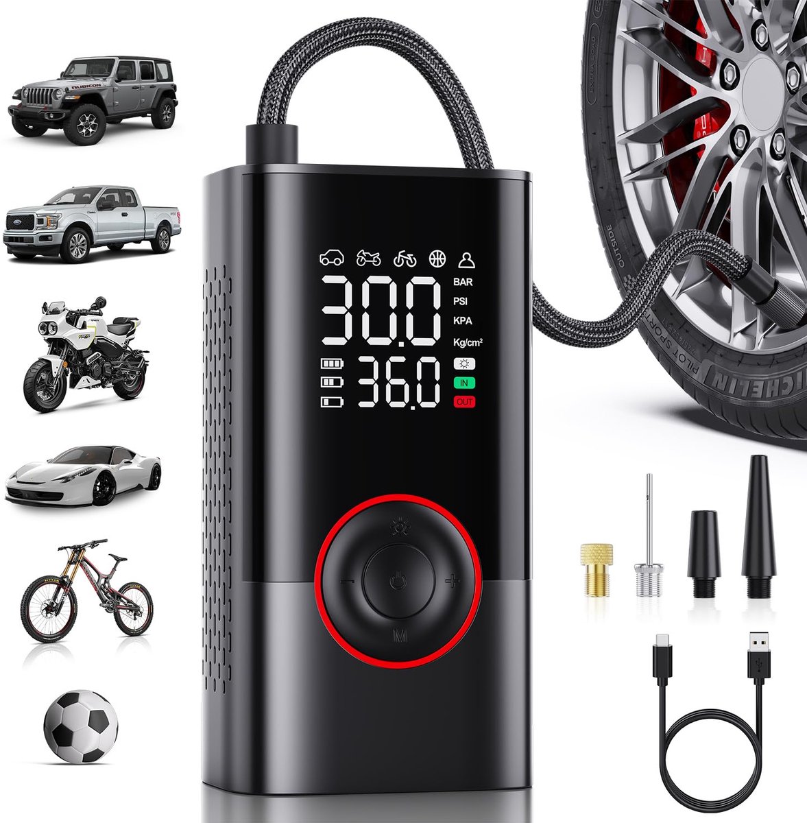 SnelShoppen - Draagbare bandenpomp met compressor, draadloze mini-luchtpomp, digitale manometer, 150 psi, snel opblazen, automatische uitschakeling, i