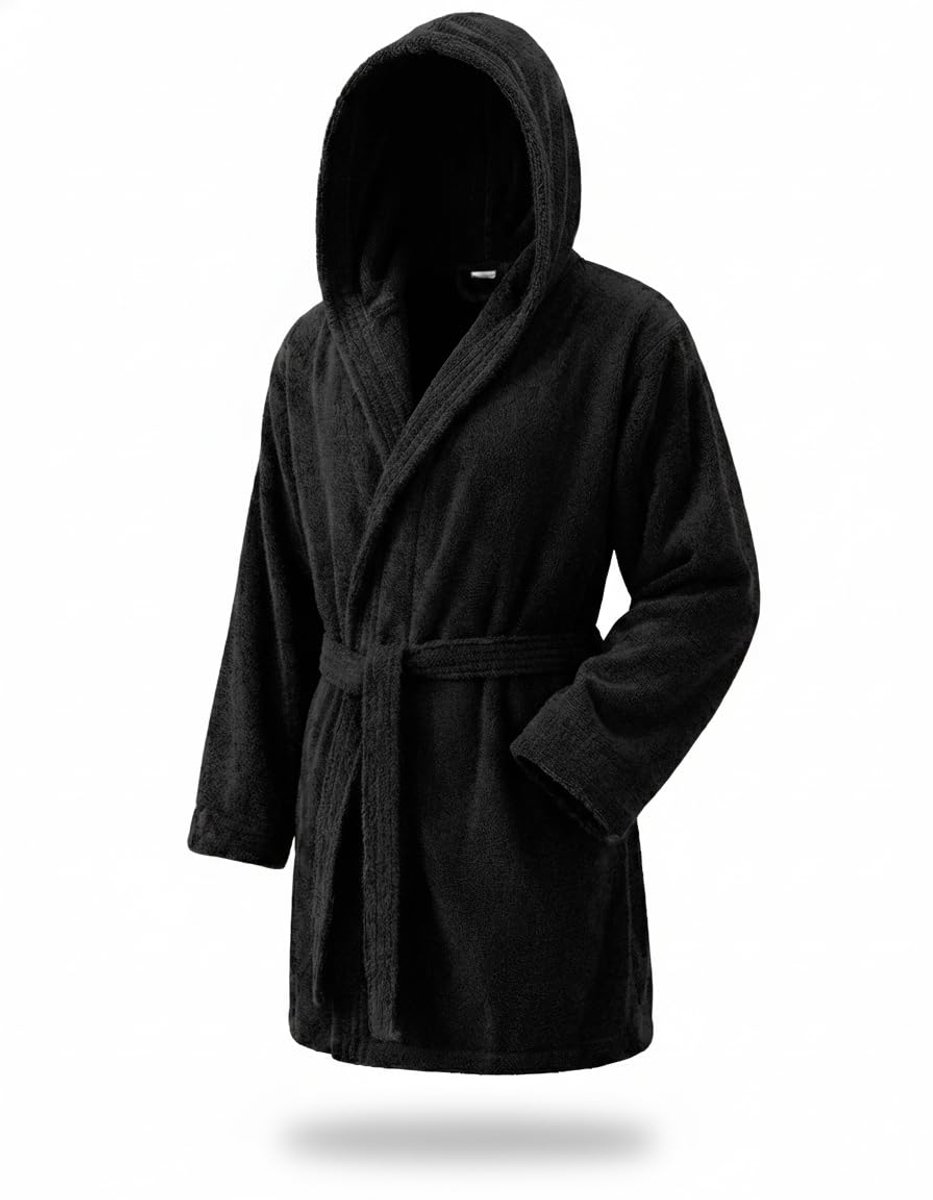 SnelShoppen - Elegante Badjas voor Dames en Heren, 100% Katoen, 500 g/m², Zacht en Absorberend, Met of Zonder Capuchon, Zwart, XXL voor Douche, Spa en