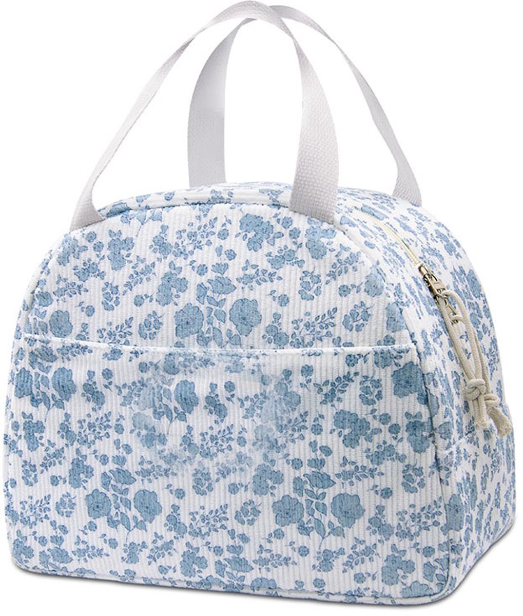 LISM-Lunchtas - Geïsoleerde lunchbox Geschikt voor dames, herbruikbare koeltas met grote capaciteit, Geschikt voor volwassenen, klein formaat, lekvrij, ideaal Geschikt voor werk, kantoor, reizen en picknicks (corduroyblauw met bloemenprint)