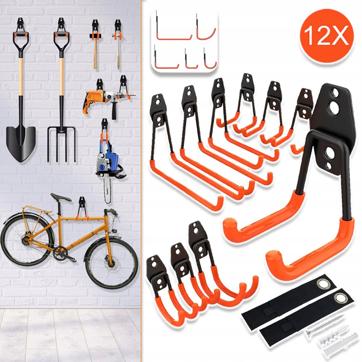 Garage Opberghaken Set (10 Stuks) Met Bevestigingsriemen - 6 Maten U- En J-Haken Massief Staal Krasbestendige PVC-Coating - Draagvermogen 35 kg Inclusief Alle Montagematerialen