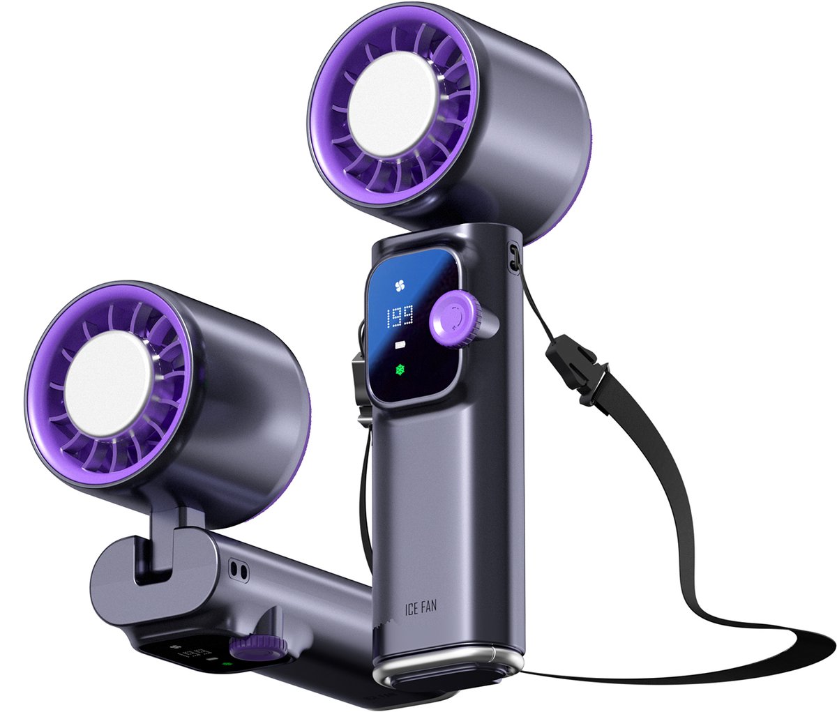 Draagbare handventilator met halfgeleidertechnologie, led-display en traploze snelheidsregeling; een opvouwbare mini-aircoventilator (zwart).