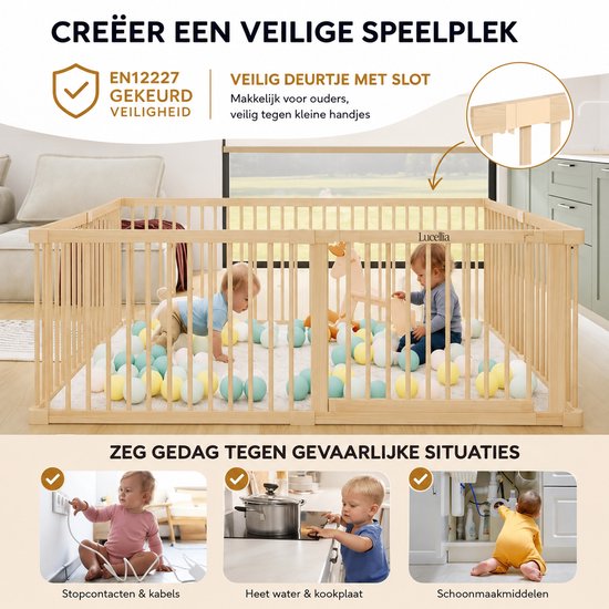 Houten babybox met poortje, met twee baby's die spelen en ballen. Toont hoe het de kleine handjes beschermt tegen stopcontacten, heet water en schoonmaakmiddelen.