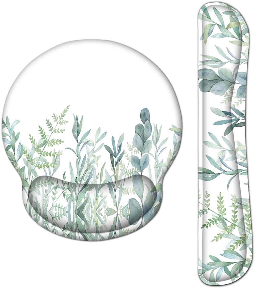 SnelShoppen - Ergonomische Muismat met Handsteun en Gelkussen - Polssteun Toetsenbord Set met Eucalyptusmotief - Comfortabel, Ondersteuning, Werkplek