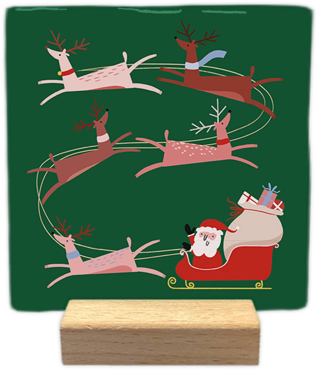 Artige Kerst decoratie tegel - Kerstslee - keramisch - 10x10 cm - inclusief houder groen