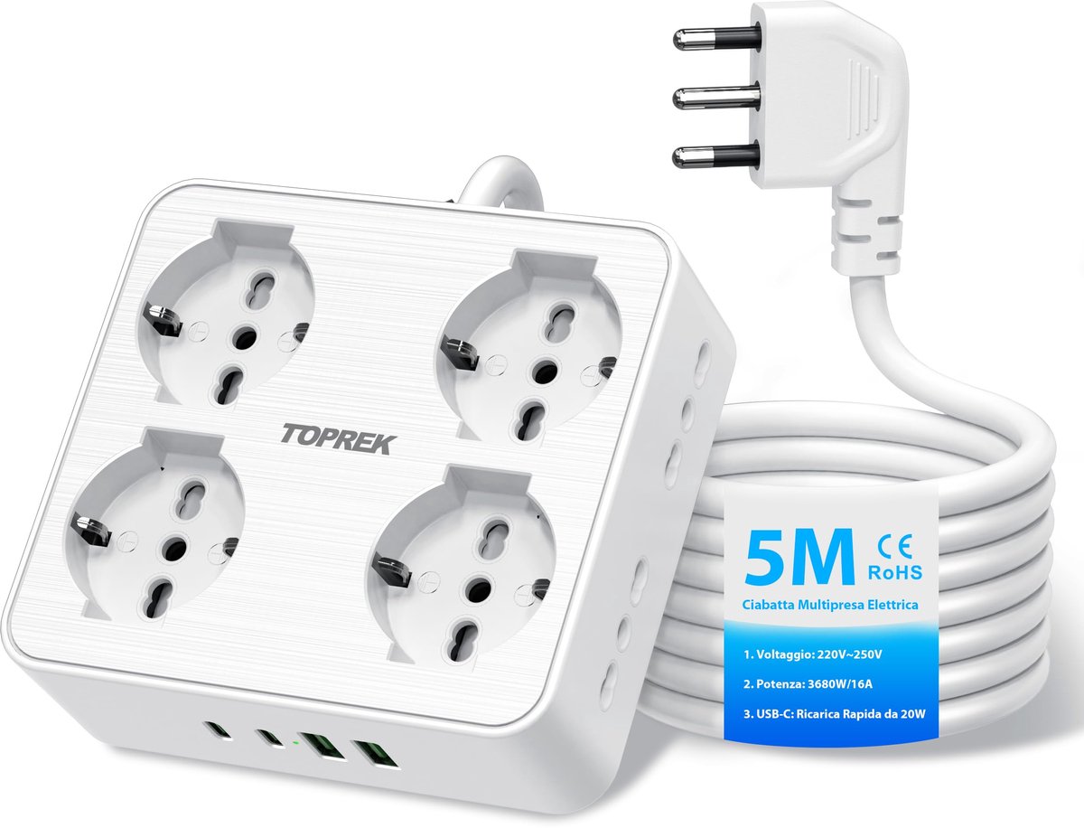 Stroomverdeler - Stekkerdoos - Apparaten Laden - 8 Stopcontacten 4 USB - 5 Meter Kabel - Zwart