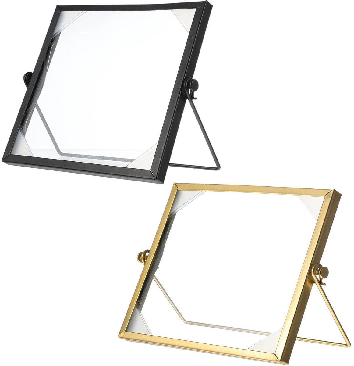 Dailygoods - 2 Stuks Geometrische Foto Frame Verticaal - Metaal en Glas Tafelframe - Goud/Zwart