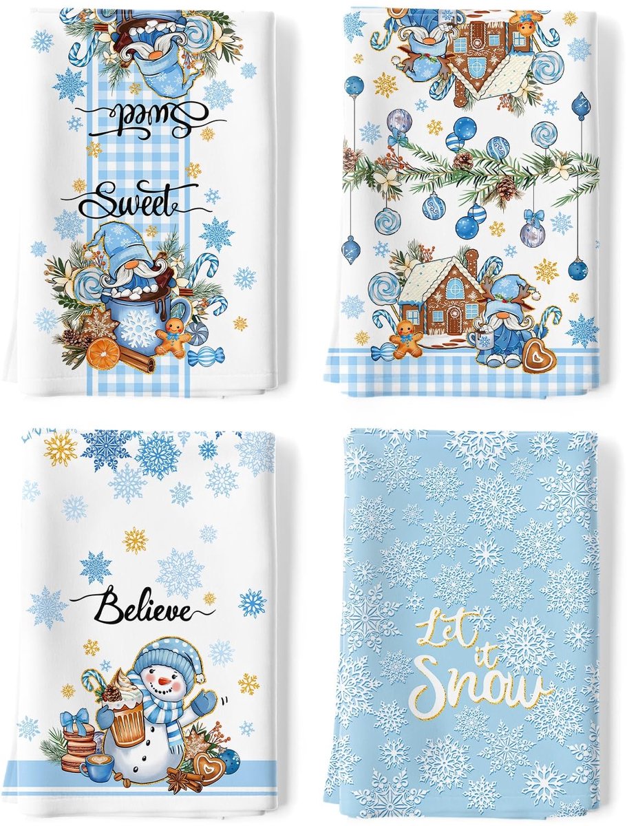 Dailygoods - Blue Snowman Kerst Keukenhanddoeken Set van 4 - 100% Katoen, Absorberend en Decoratief