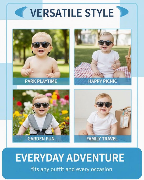 Baby Zonnebril - Kinderzonnebril Peuter - Oogbescherming Zomer - Verstelbare Hoofdband - 0-3 Jaar - Zwart — afbeelding 5