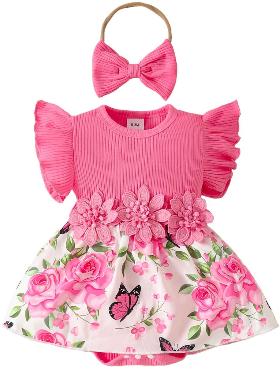 SnelShoppen - Pasgeboren Baby Meisjes Kleding Set Ruches Korte Mouwen Tops Bloemen Bretels Shorts met Hoofdband Donkerroze 0-3 Maanden Zomer Outfit