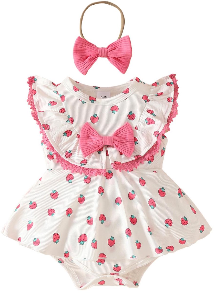 SnelShoppen - Zomerkleding Meisjes Rompertje Kant Aardbeienprint Mouwloos Body Set Hoofdband Pasgeborenen 6-12 Maanden Roze Aardbei