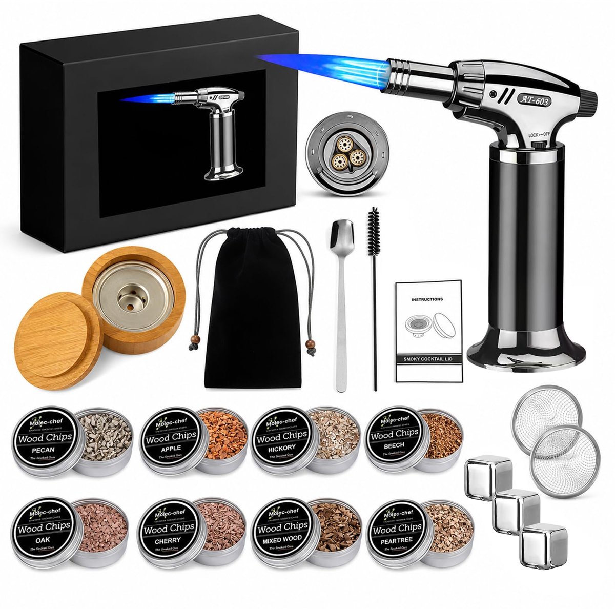 Dailygoods- Rookset Premium - Cocktailrookset met 8 Houtsoorten - Rookaccessoires - Cadeau-idee voor Mannen - Koude Rookervaring - Verfijnd Aroma