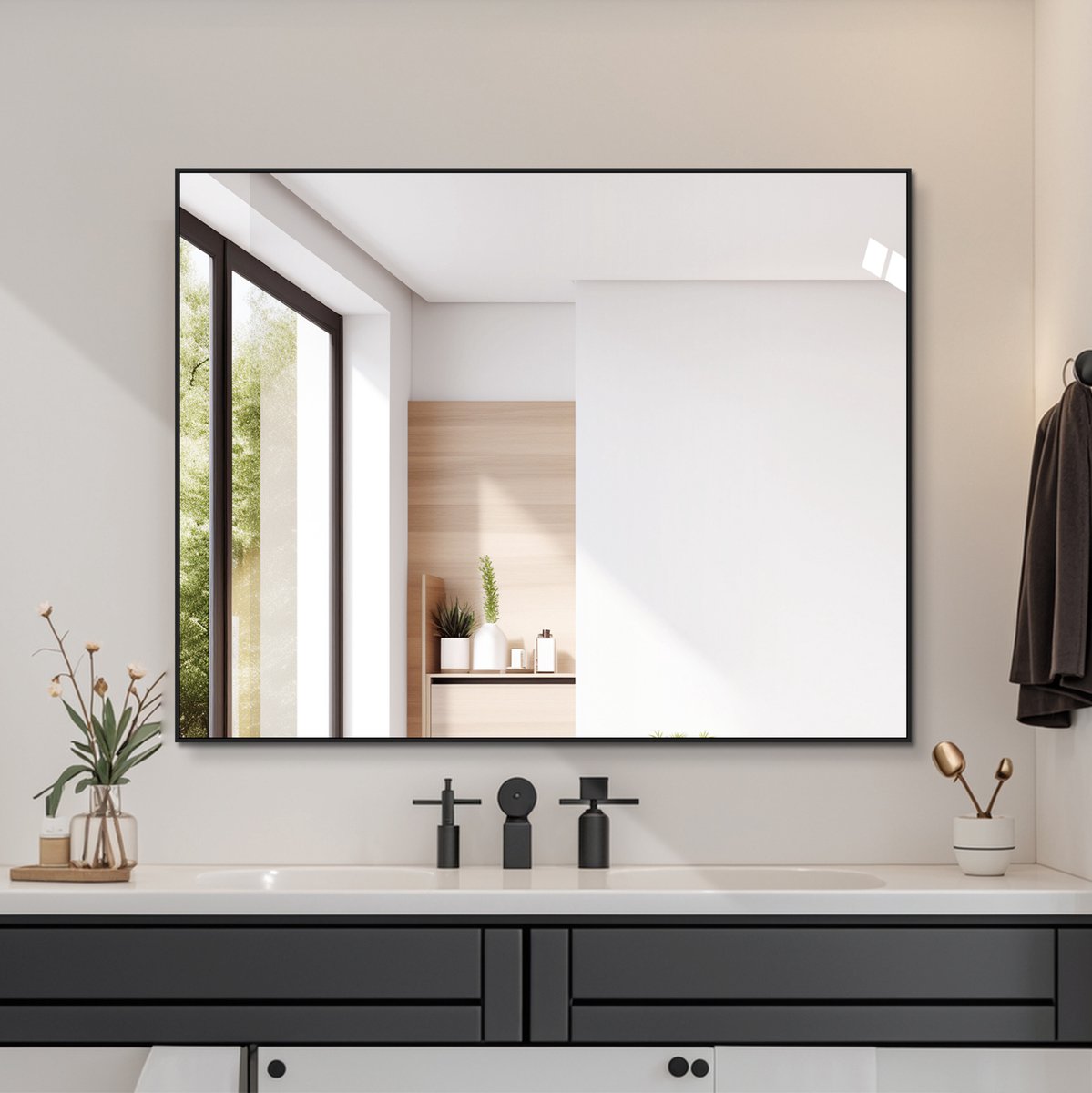 HAUSS SPOLE Wandspiegel – 70 x 90 cm – Met Zwart Aluminium Frame – Kopervrij Glas – Zwart – Horizontaal Of Verticaal Te Monteren