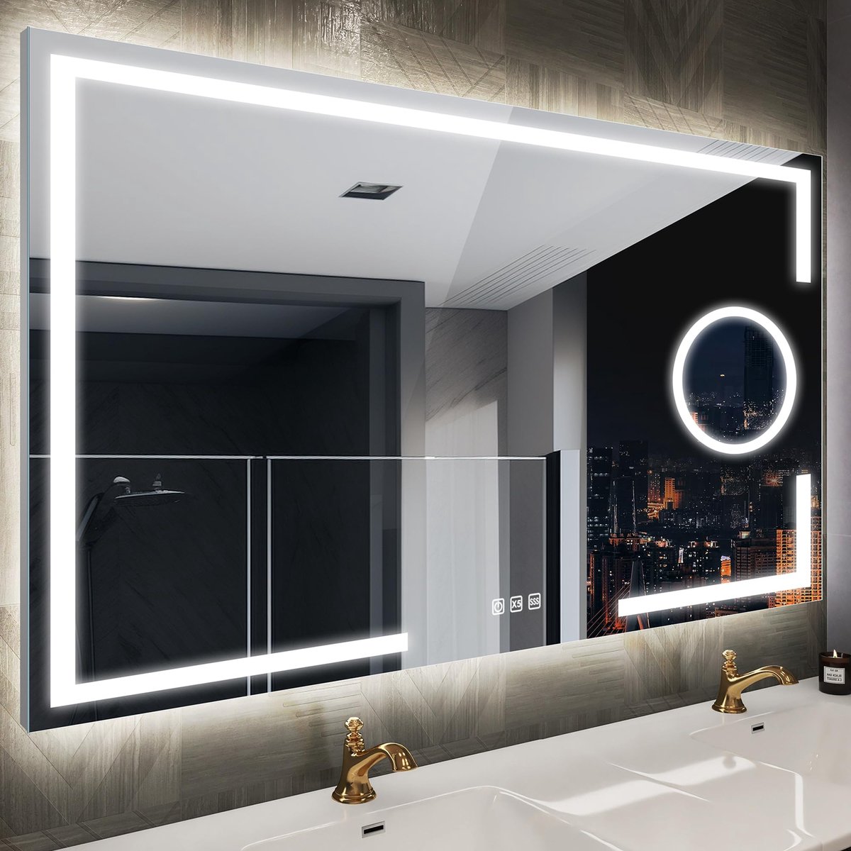 SnelShoppen - Badkamerspiegel met Verlichting 120x70 cm, HD Gehard Glas, 5x Vergrootglas, 3 Lichtkleuren, Instelbare Helderheid, Ontwaseming, IP44, LE