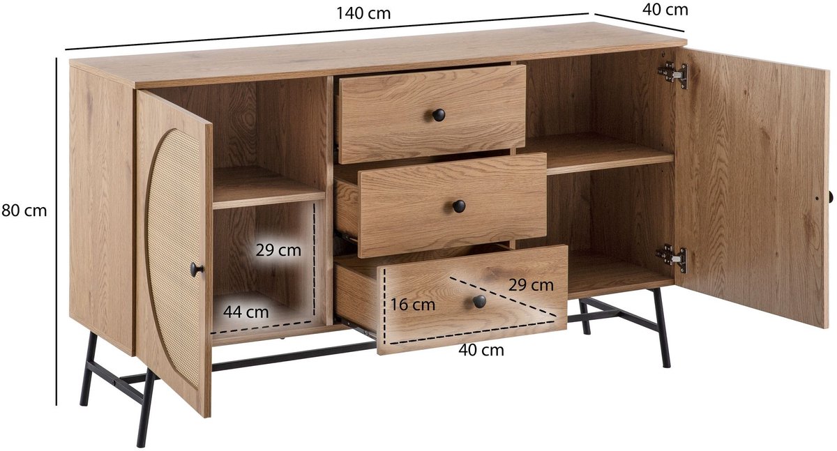 Wohnling dressoir 140x80x40 cm ladekast eiken decor met rotanweefsel moderne, hoge ladekast, staande kast met 2 deuren en 3 laden, dressoir woonkamer Zie omschrijving
