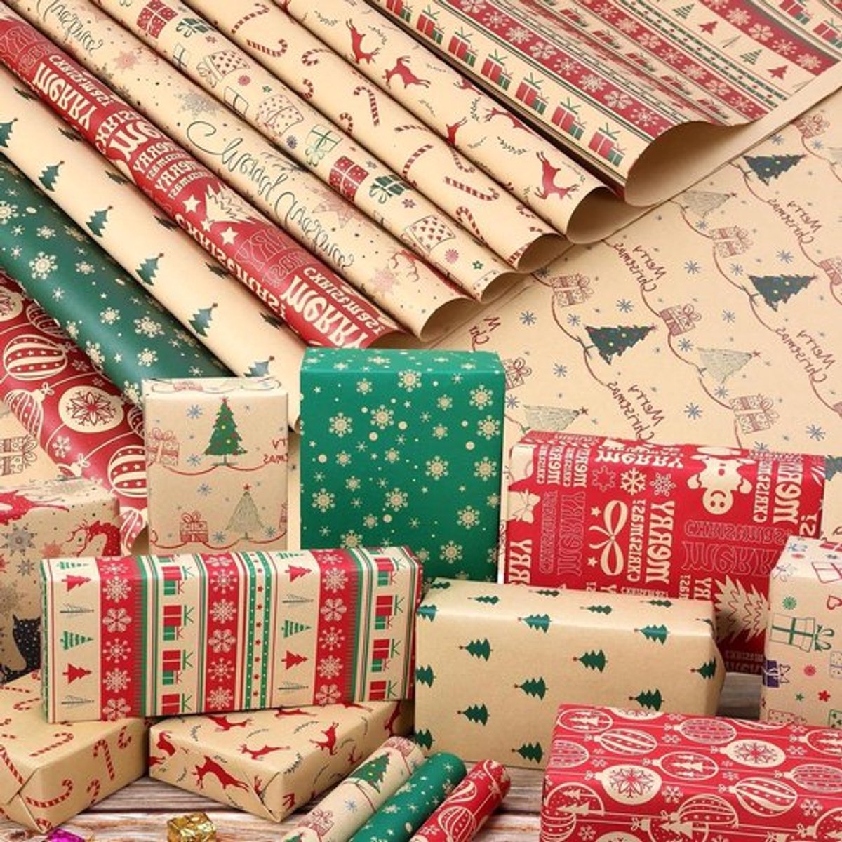Kerst inpakpapier set, kraftpapier, 10 vellen, 70x50 cm, recyclebaar, bruin papier, cadeaupapier voor Kerstmis, verjaardag, bruiloft, festival
