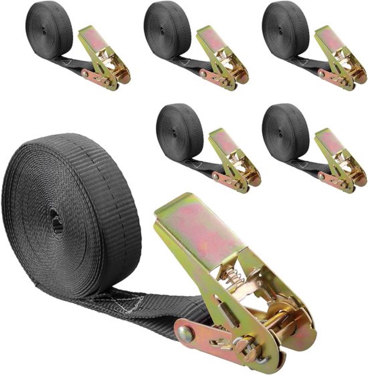 6 spanbanden van 6 m x 25 mm zwart, 800 kg breuksterkte, nokgesp voor motorfietsen, aanhangwagens, vrachtwagens, auto's