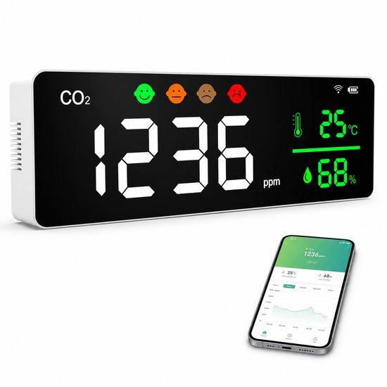 MrGoods - Digitale CO2 Meter - NDIR Sensor - Met hygrometer en thermometer - Luchtkwaliteitsmeter - Alarm - Draagbaar - Co2 Melder