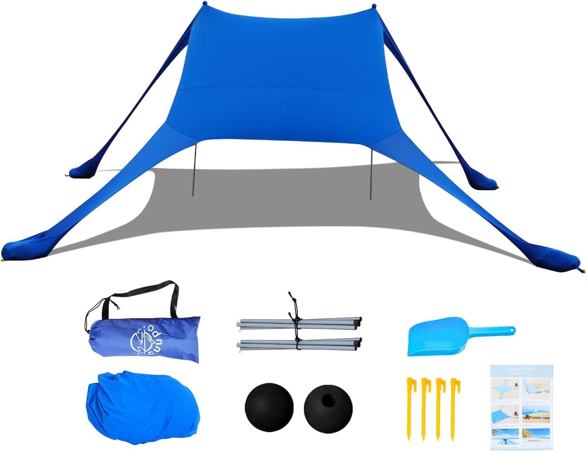 SnelShoppen - Cuupo Strandtent 2 x 2,1 m Pop-up SPF 50, Zonwering, Anti-wind Strandschelp met IJzeren Stabiliteitsstangen en Zandzakken - Draagbare Zo