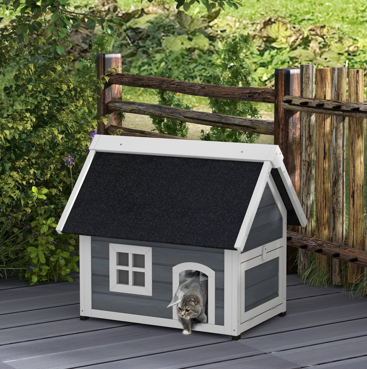 MIVRAY Kattenhuis - Weerbestendig Met Opklapbaar Asfaltdak - 77 X 57,5 X 68 Cm - Hout - Grijs - Voor Buiten Met Raam En 3 Deuren