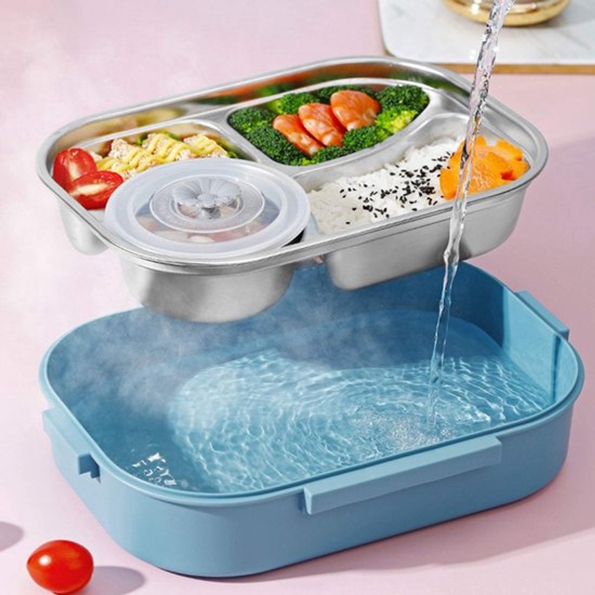 Lunchbox Lekvrij - 4 Vaks - Roestvrij Staal - Draagbaar - Thermische Behoud - Inclusief Lepel/Eetstokjes - Voedselcontainer