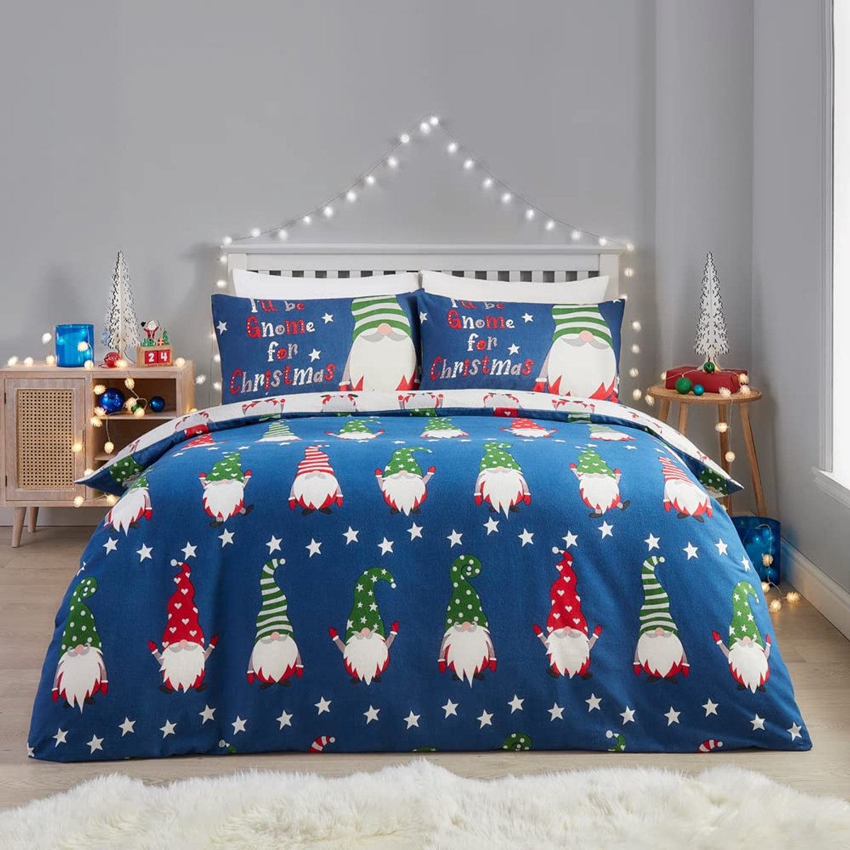 SnelShoppen - Fusion Kerstkabouter dekbedovertrekset eenpersoons - Marineblauw 100% geborsteld katoen - Feestelijk Scandinavisch ontwerp - Zacht winte