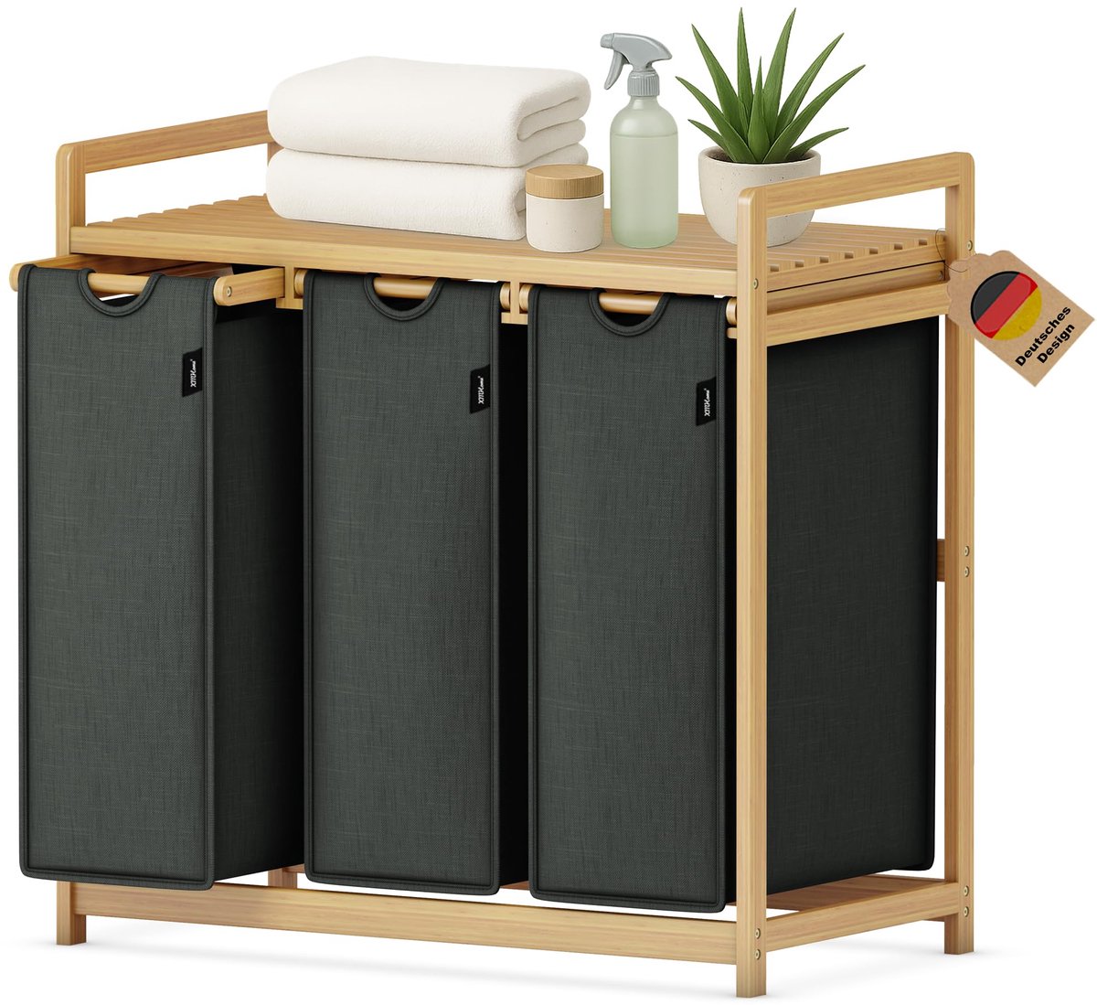 SnelShoppen - Wasmand met 3 vakken, 148L Bamboe Wasbox, Donkergrijs, Grote Vierkante Wasverzamelaar 77,5x41,3x77,5 cm, Visueel Aantrekkelijke Wassorte