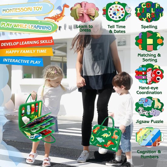 Busy Board Montessori Speelgoed - Busy Book voor Peuters - Sensorisch & Stil Activiteitenbord - Educatief Leerboek voor Kinderen - Reisspeelgoed Auto & Vliegtuig - Cadeau voor Jongens & Meisjes - Groen van Merkloos — afbeelding 4