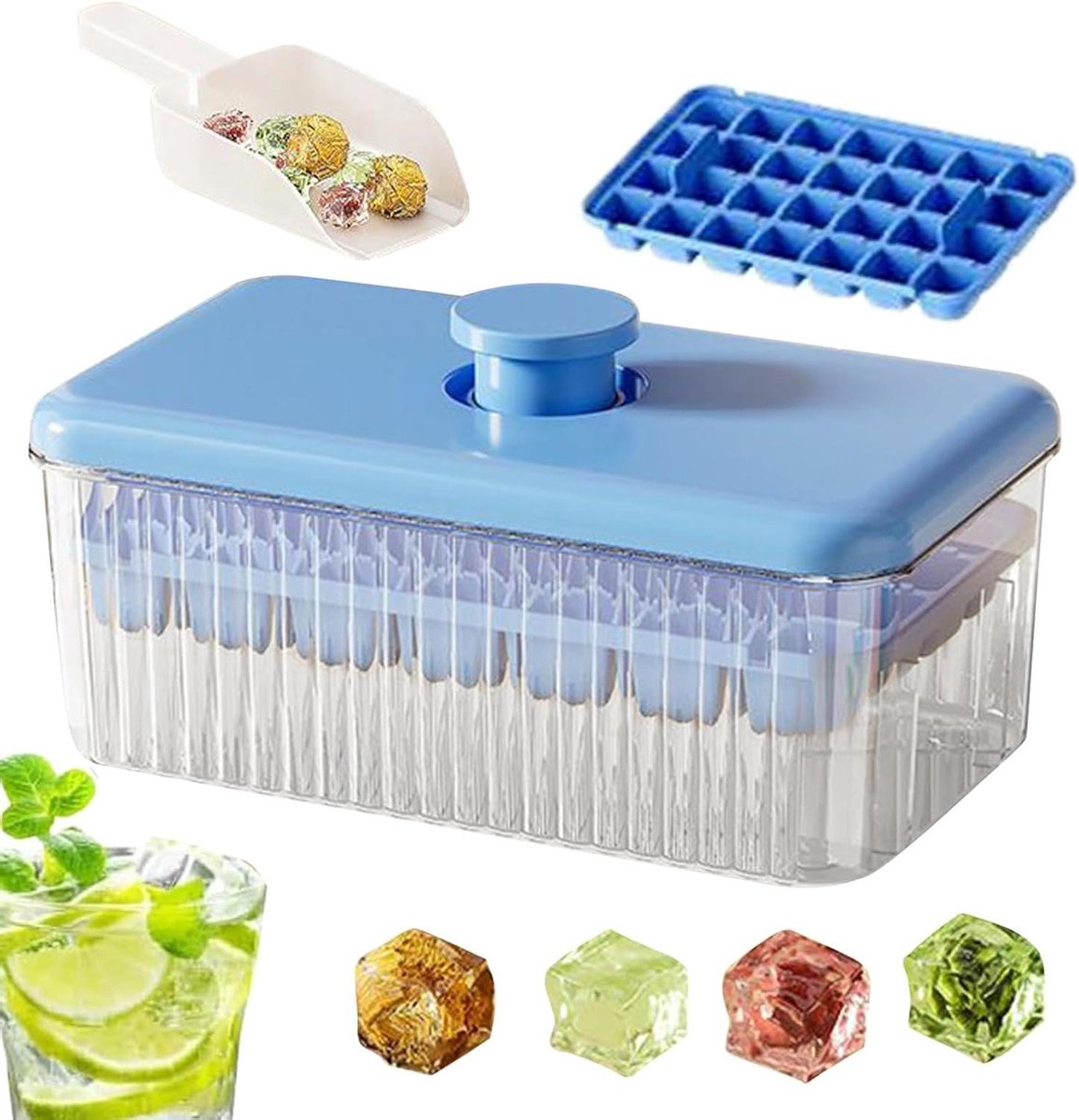 Ijsvorm Met Deksel - Ijsblokjes Maker - Dranken Verfrissen - Geurvrije Oplossing - 56 Ijsblokjes - Blauw