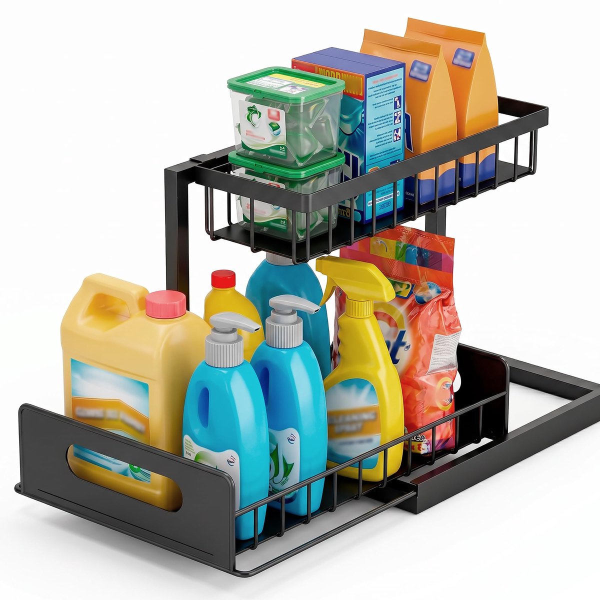 SnelShoppen - Gootsteenkast Organizer met 2 Niveaus, Uitschuifbaar Metalen Rek met Lade, Under Sink Organizer voor Keuken, Badkamer en Schoonmaakmidde