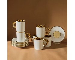 Karaca Kalpli - Espresso & Turkse Koffiekopjes met Schotels – 12-delig – 6 Personen – 80 ml – Porselein – Hartvormig Design