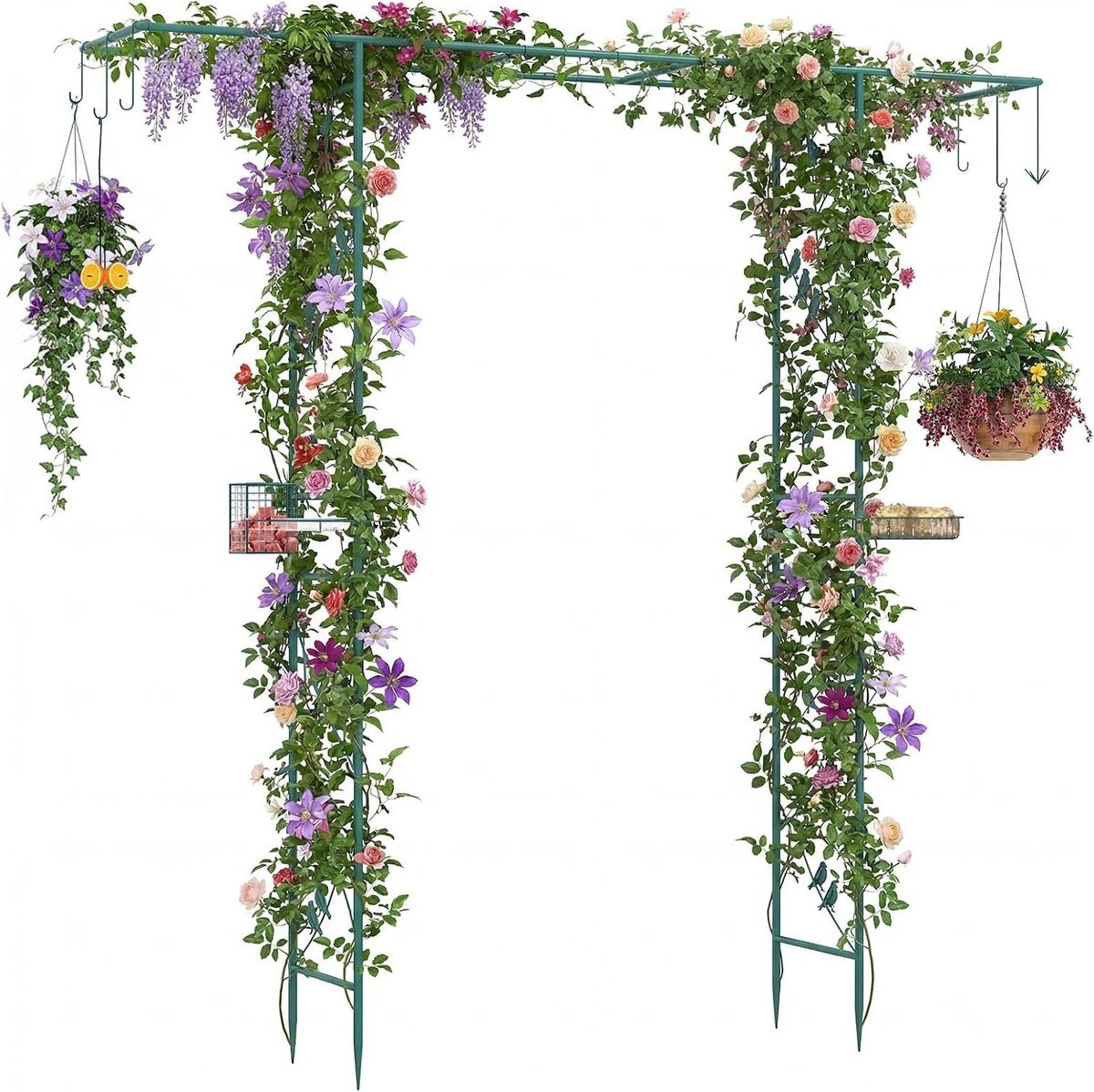 Tuinboog met Vogelvoederstation - Rozenboog Poort - Vogels Voederen - Met Drinkschaal - 213 cm Hoog - Groen