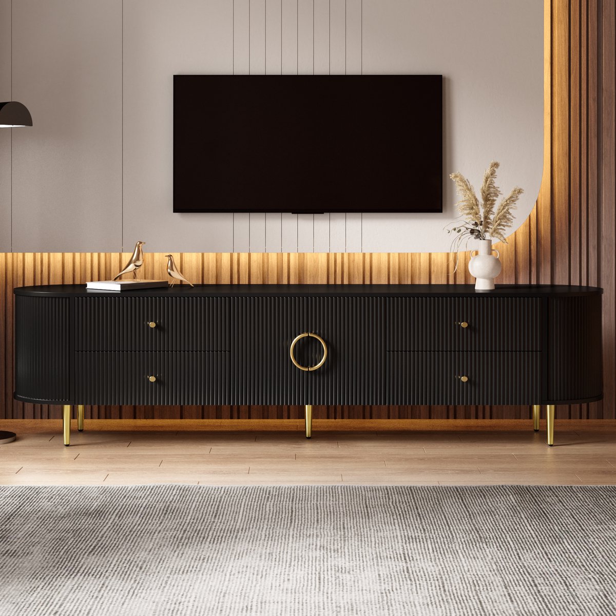 VVBV Tv meubel / Tv kast – met Opbergruimte, Lades – Kabelmanagement – MDF – Zwart – Afmetingen 180x40x53 cm – TV Kast met Kabelmanagement Black