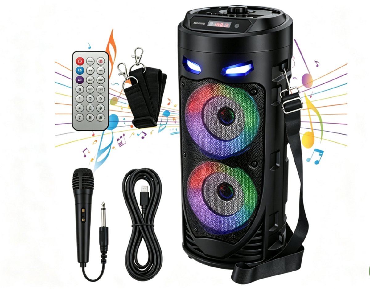 Draadloze Speaker met LED-verlichting – 8W x 2 Stereo, 1800mAh, Bluetooth 5.0 – Incl. Microfoon, Afstandsbediening & Schouderriem – Geschikt voor Buiten, Feest, Tuin of Strand - Zwart