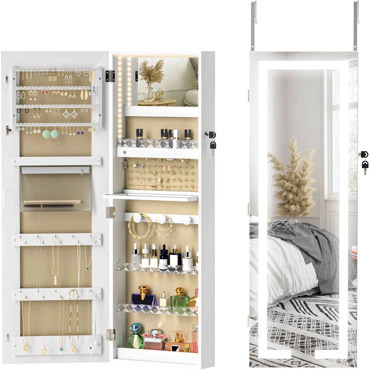 Casa Living Sieradenkast - Met Spiegel - LED Verlichting - Afsluitbaar met Slot - Wand- of Deurmontage - MDF Wit - Met 2 Sleutels